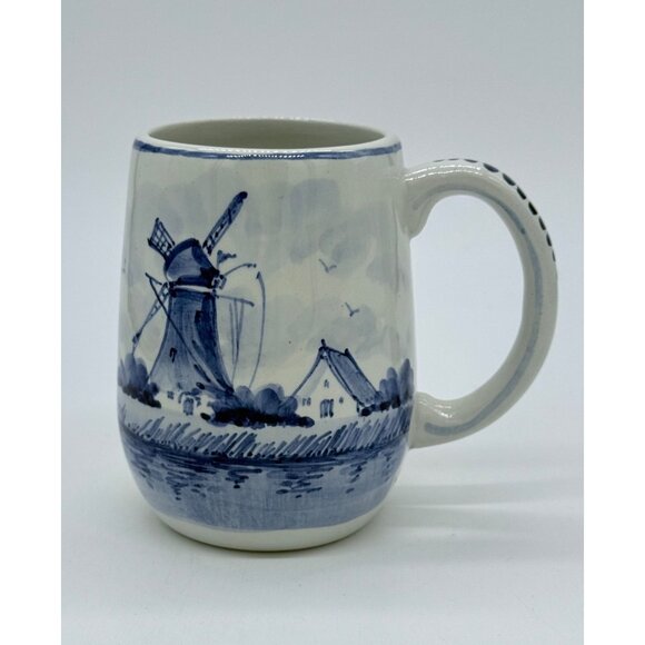 Handpainted Delft Blue & White Ceramic Mug With Windmill Design - Picture 1 of 7